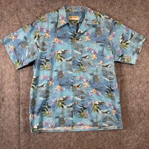 US Navy Kamp Shirt Men XL Blue Hawaiian Aloha Naval Ship Submarine Air Plane Jet
